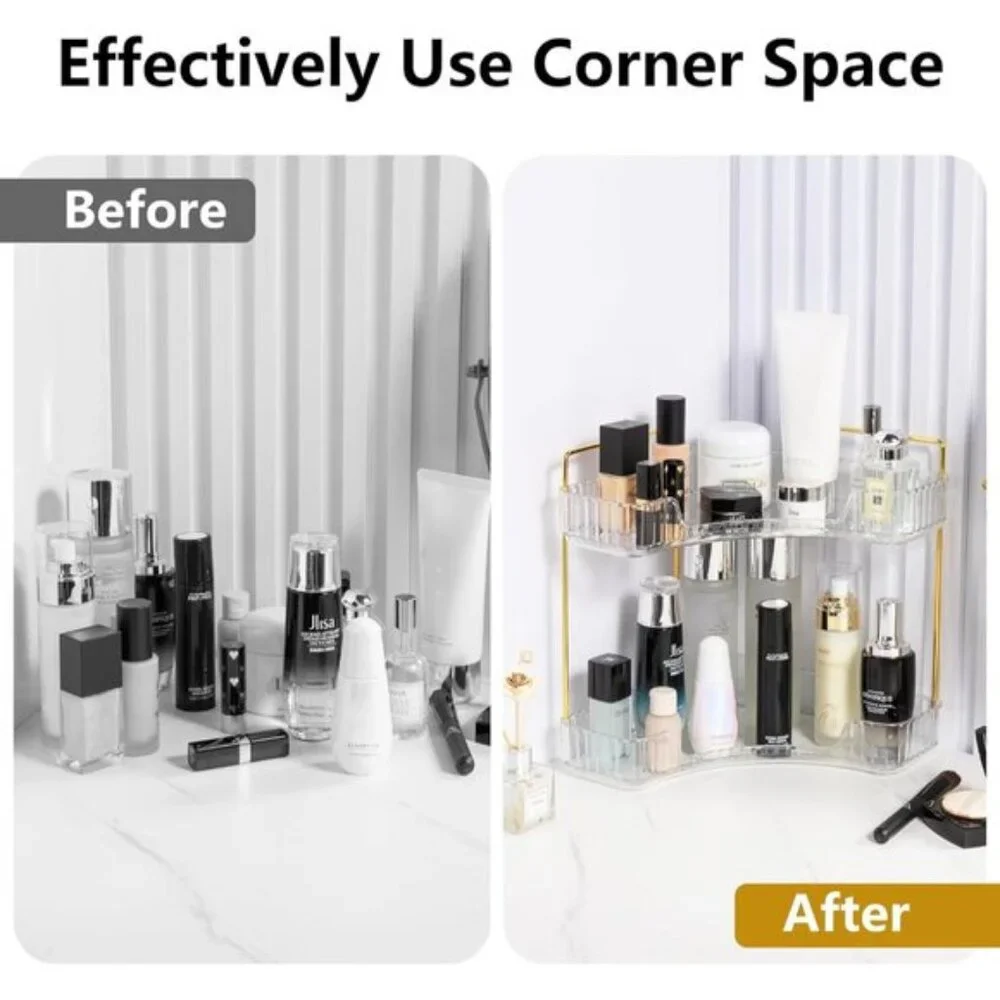 Clear White Corner Bathroom Organizer, 2-Tier Vanity Tray for Skincare & Makeup